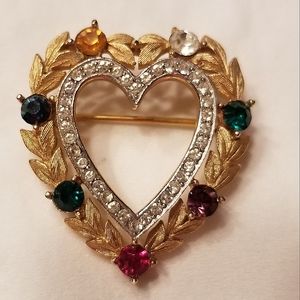 Trifari Vintage Gilded Dearest Heart Brooch with Multicolor Rhinestones 1950s